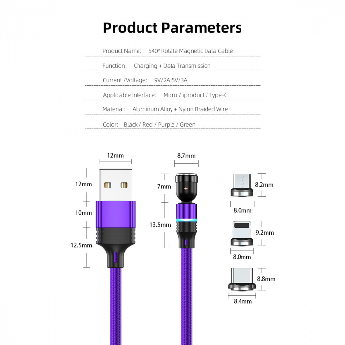 ​​​​​​​Cablu de incarcare rapida si transfer de date 5 pini,3.5mm, 3A, magnetic,  3 in 1 Lightning, Type-C , micro-USB,Led Circular, rotatie 540 grade, 2 metri, Violet [9]