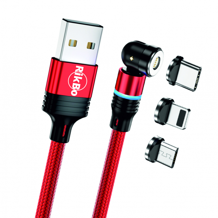 ​​​​​​​Cablu de incarcare rapida si transfer de date 5 pini,3.5mm, 3A, magnetic,  3 in 1 Lightning, Type-C , micro-USB,Led Circular, rotatie 540 grade, 1 metru, Rosu [3]