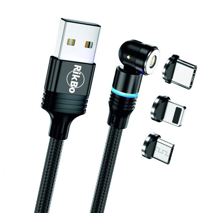 ​​​​​​​Cablu de incarcare rapida si transfer de date 5 pini,3.5mm, 3A, magnetic,  3 in 1 Lightning, Type-C , micro-USB,Led Circular, rotatie 540 grade, 2 metri , Negru [2]