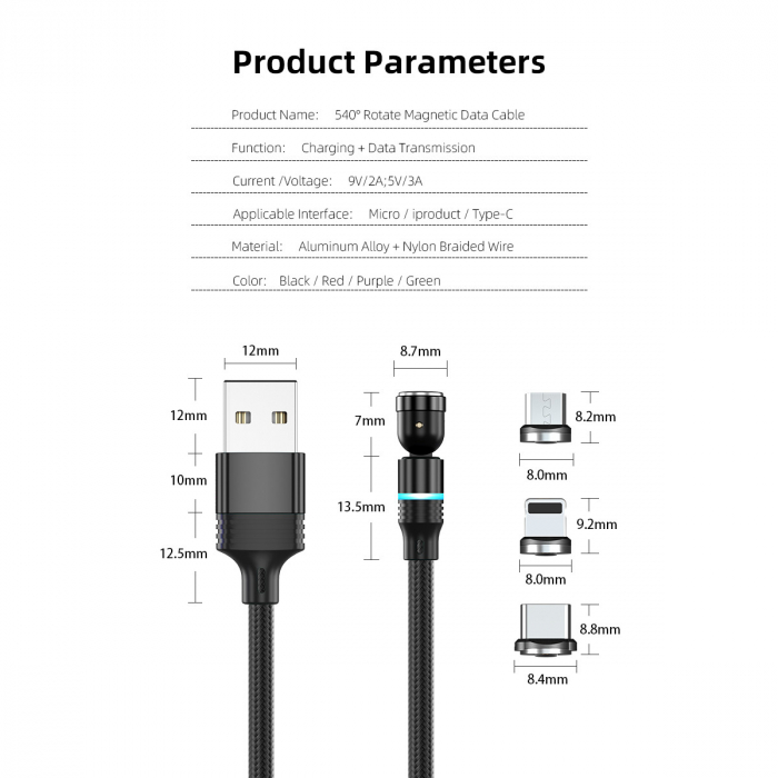 ​​​​​​​Cablu de incarcare rapida si transfer de date 5 pini,3.5mm, 3A, magnetic,  3 in 1 Lightning, Type-C , micro-USB,Led Circular, rotatie 540 grade, 2 metri , Negru [5]