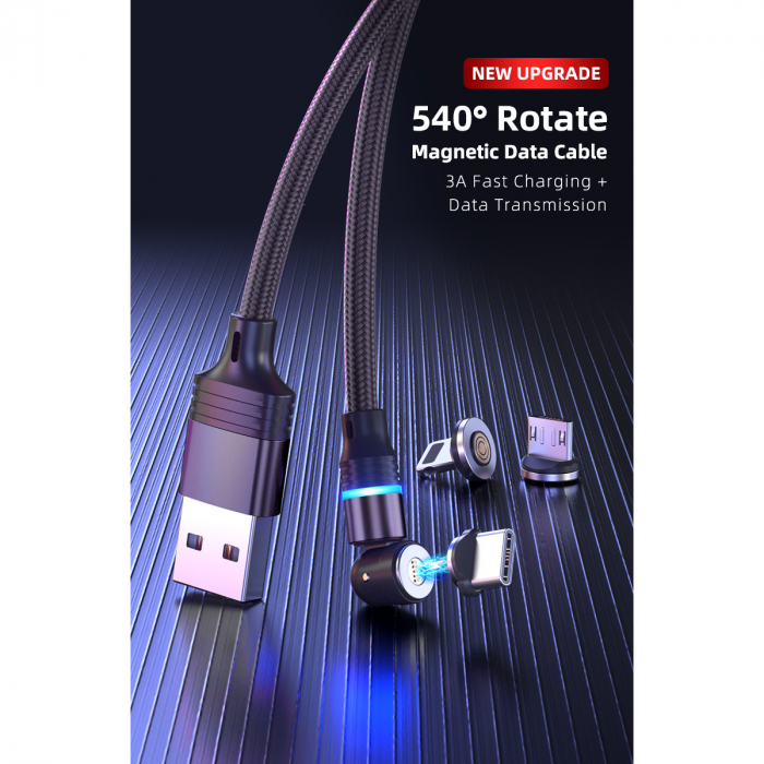 ​​​​​​​Cablu de incarcare rapida si transfer de date 5 pini,3.5mm, 3A, magnetic,  3 in 1 Lightning, Type-C , micro-USB,Led Circular, rotatie 540 grade, 2 metri , Negru [6]