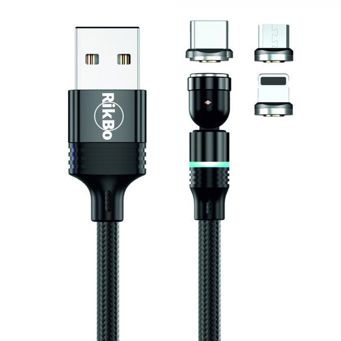 ​​​​​​​Cablu de incarcare rapida si transfer de date 5 pini,3.5mm, 3A, magnetic,  3 in 1 Lightning, Type-C , micro-USB,Led Circular, rotatie 540 grade, 2 metri , Negru [1]