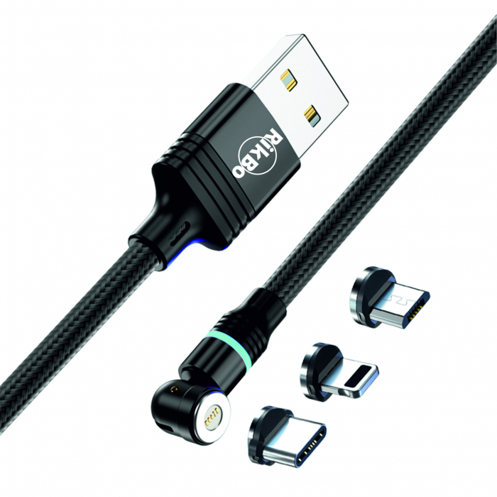 ​​​​​​​Cablu de incarcare rapida si transfer de date 5 pini,3.5mm, 3A, magnetic,  3 in 1 Lightning, Type-C , micro-USB,Led Circular, rotatie 540 grade, 2 metri , Negru [3]