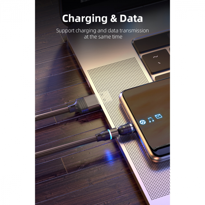 ​​​​​​​Cablu de incarcare rapida si transfer de date 5 pini,3.5mm, 3A, magnetic,  3 in 1 Lightning, Type-C , micro-USB,Led Circular, rotatie 540 grade, 2 metri , Negru [7]
