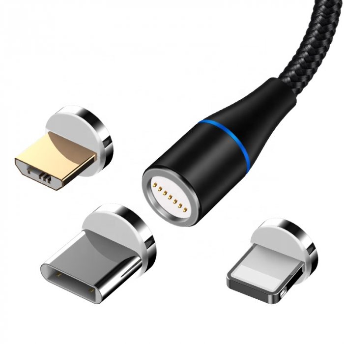 Cablu de incarcare rapida si transfer de date 7pini, 3A magnetic RiKbo® 3 in 1 Lightning, Type-C , micro-USB rotatie 360 grade, Negru [2]