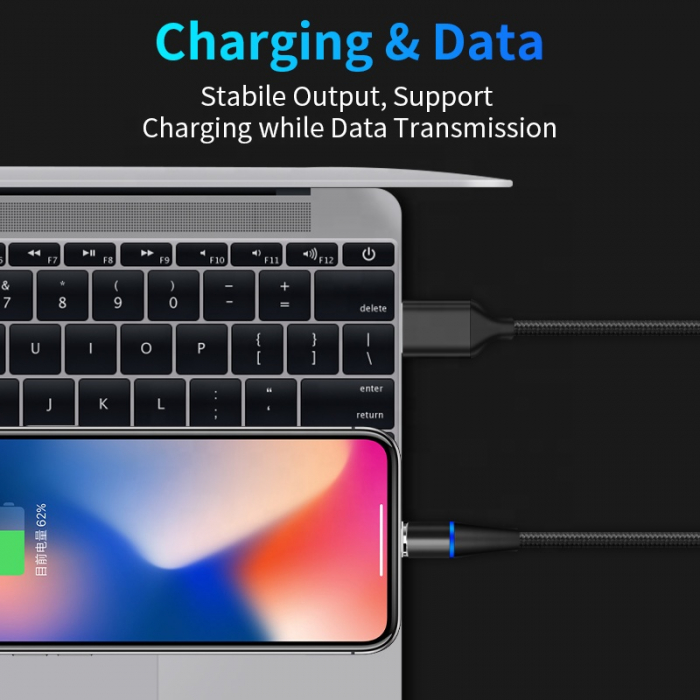 Cablu de incarcare rapida si transfer de date 7pini, 3A magnetic RiKbo® 3 in 1 Lightning, Type-C , micro-USB rotatie 360 grade, Negru [3]