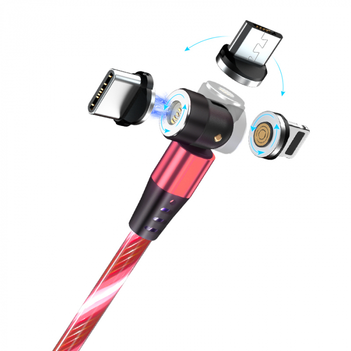 Cablu de incarcare rapida si transfer de date cu iluminare LED, 5pini, 3A magnetic RiKbo® 3 in 1 Lightning, Type-C , micro-USB rotatie 540 grade, Lungime 1 metru Roz [3]