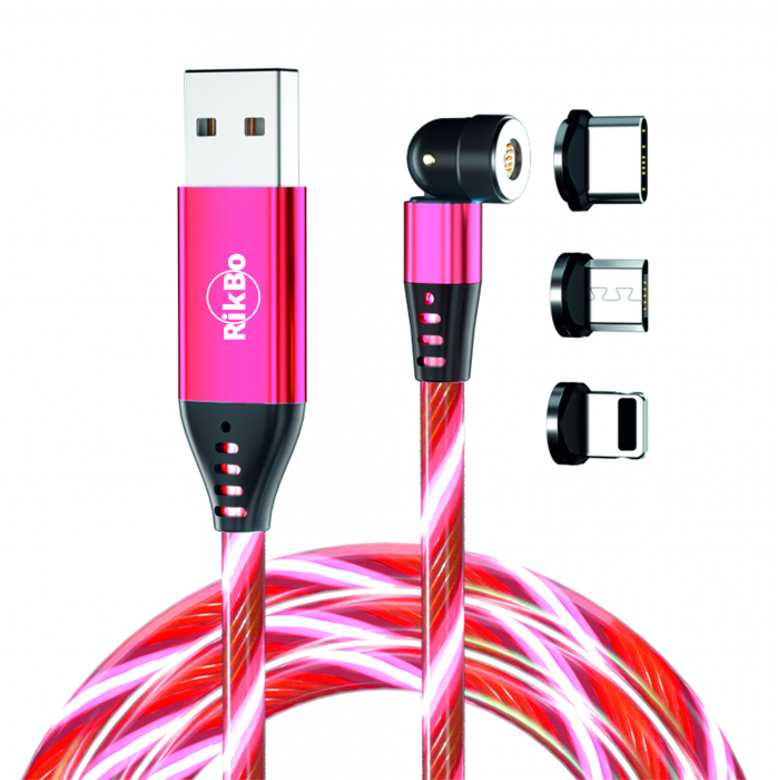 Cablu de incarcare rapida si transfer de date cu iluminare LED, 5pini, 3A magnetic RiKbo® 3 in 1 Lightning, Type-C , micro-USB rotatie 540 grade, Lungime 1 metru Roz [1]