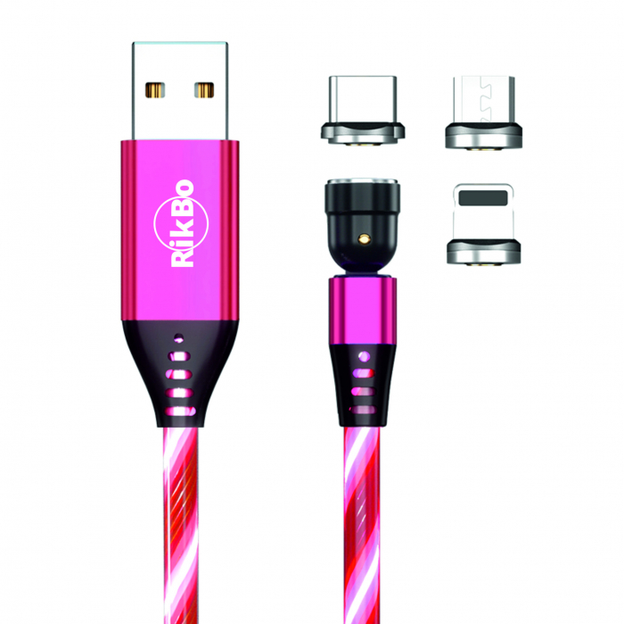 Cablu de incarcare rapida si transfer de date cu iluminare LED, 5pini, 3A magnetic RiKbo® 3 in 1 Lightning, Type-C , micro-USB rotatie 540 grade, Lungime 1 metru Roz [2]