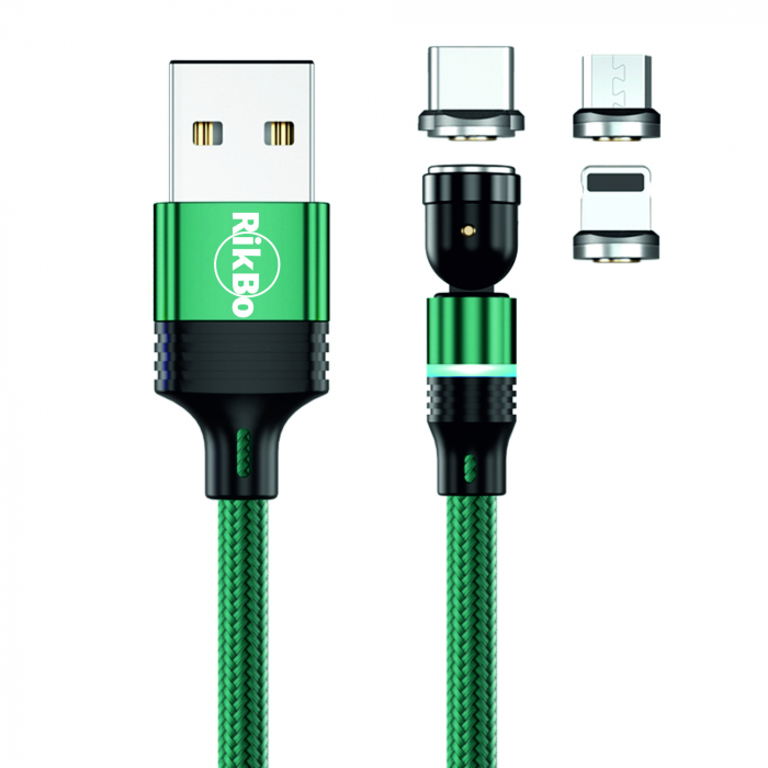 ​​​​​​​Cablu de incarcare rapida si transfer de date 5 pini,3.5mm, 3A, magnetic,  3 in 1 Lightning, Type-C , micro-USB,Led Circular, rotatie 540 grade, 1 metru Verde [1]