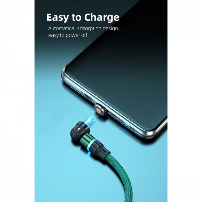 ​​​​​​​Cablu de incarcare rapida si transfer de date 5 pini,3.5mm, 3A, magnetic,  3 in 1 Lightning, Type-C , micro-USB,Led Circular, rotatie 540 grade, 1 metru Verde [5]