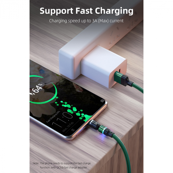 ​​​​​​​Cablu de incarcare rapida si transfer de date 5 pini,3.5mm, 3A, magnetic,  3 in 1 Lightning, Type-C , micro-USB,Led Circular, rotatie 540 grade, 1 metru Verde [4]