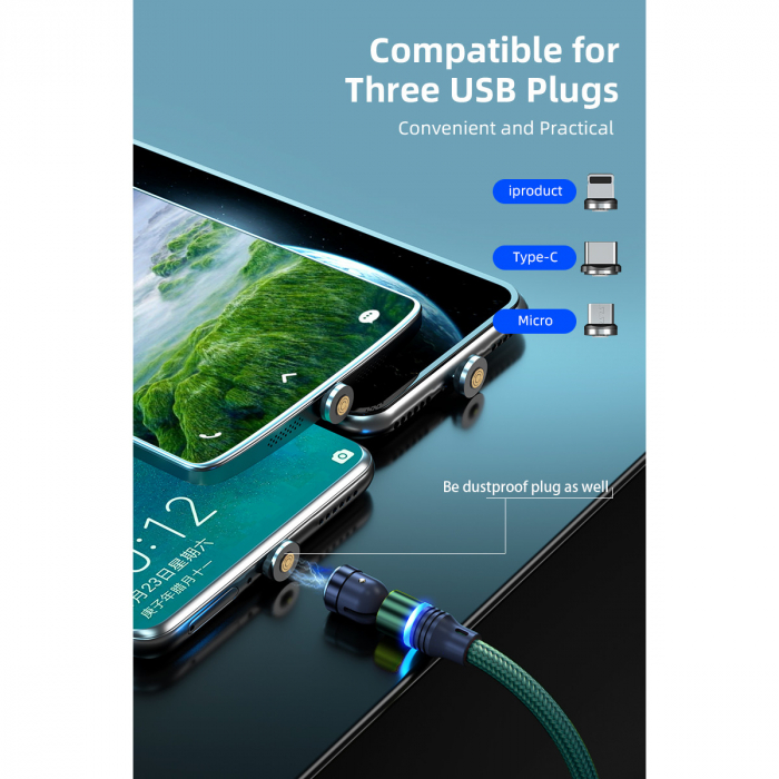 ​​​​​​​Cablu de incarcare rapida si transfer de date 5 pini,3.5mm, 3A, magnetic,  3 in 1 Lightning, Type-C , micro-USB,Led Circular, rotatie 540 grade, 1 metru Verde [9]