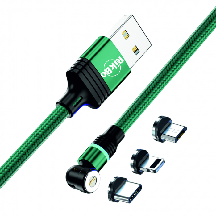 ​​​​​​​Cablu de incarcare rapida si transfer de date 5 pini,3.5mm, 3A, magnetic,  3 in 1 Lightning, Type-C , micro-USB,Led Circular, rotatie 540 grade, 1 metru Verde [2]