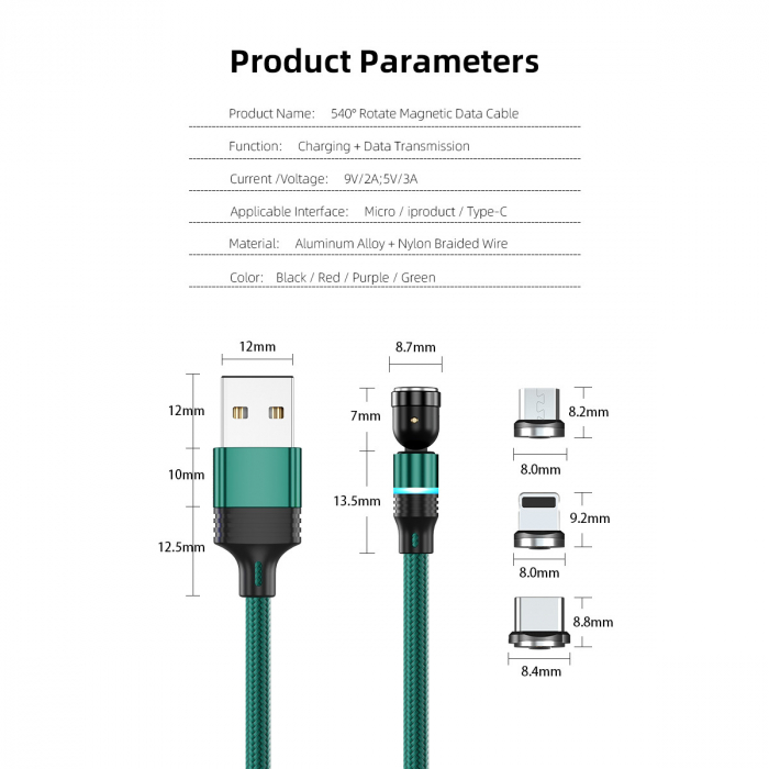 ​​​​​​​Cablu de incarcare rapida si transfer de date 5 pini,3.5mm, 3A, magnetic,  3 in 1 Lightning, Type-C , micro-USB,Led Circular, rotatie 540 grade, 1 metru Verde [3]