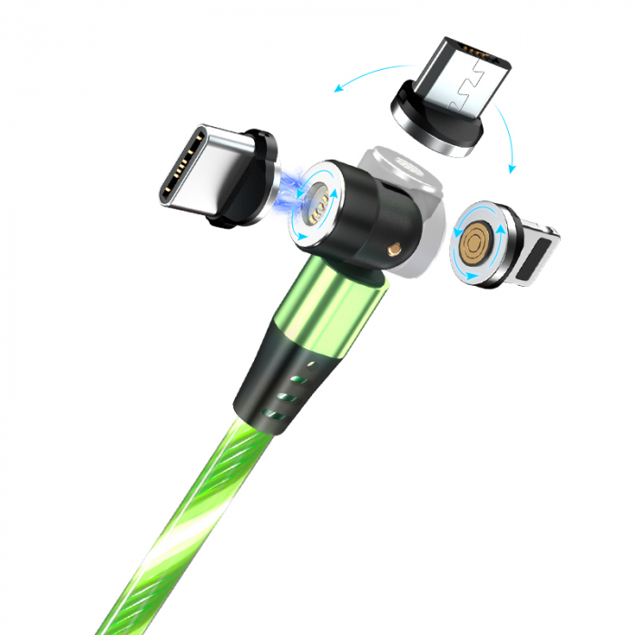Cablu de incarcare rapida si transfer de date cu iluminare LED, 5pini, 3A magnetic RiKbo® 3 in 1 Lightning, Type-C , micro-USB rotatie 540 grade, Lungime 1 metru Verde [3]