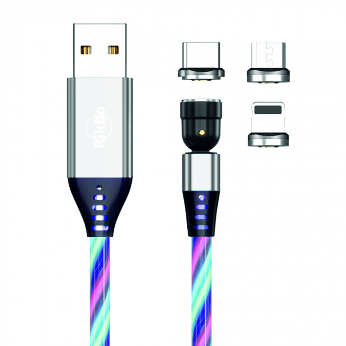 Cablu de incarcare rapida si transfer de date cu iluminare LED, 5pini, 3A magnetic RiKbo® 3 in 1 Lightning, Type-C , micro-USB rotatie 540 grade, 1 metru, Multicolor Alb [2]
