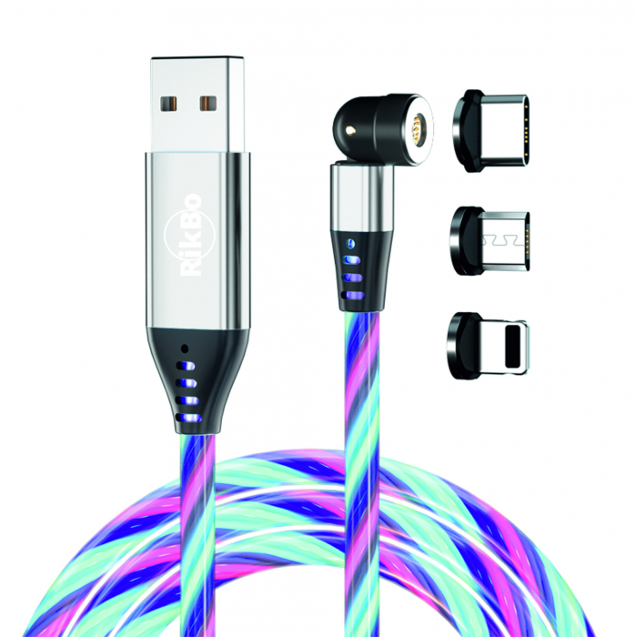 Cablu de incarcare rapida si transfer de date cu iluminare LED, 5pini, 3A magnetic RiKbo® 3 in 1 Lightning, Type-C , micro-USB rotatie 540 grade, 1 metru, Multicolor Alb [1]