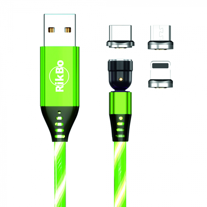 Cablu de incarcare rapida si transfer de date cu iluminare LED, 5pini, 3A magnetic RiKbo® 3 in 1 Lightning, Type-C , micro-USB rotatie 540 grade, Lungime 1 metru Verde [2]