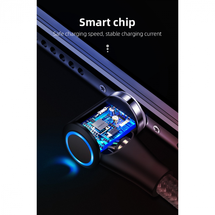 Cablu de incarcare si transfer de date, Fast Charge 3A,7 pini, Magnetic 3 in 1, rotatie 360 grade, Lightning, Type-C , Micro-USB RikBo® compatibil Iphone Android, Indicator LED, 1 metru Negru [4]