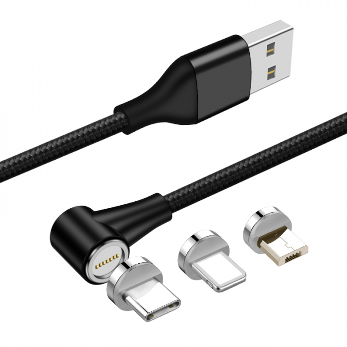 Cablu de incarcare si transfer de date, Fast Charge 3A,7 pini, Magnetic 3 in 1, rotatie 360 grade, Lightning, Type-C , Micro-USB RikBo® compatibil Iphone Android, Indicator LED, 1 metru Negru [2]