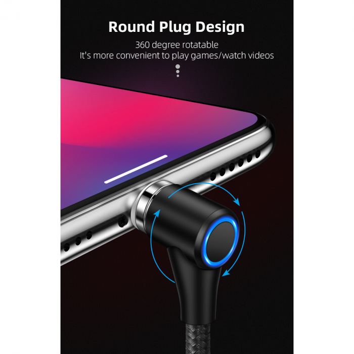 Cablu de incarcare si transfer de date, Fast Charge 3A,7 pini, Magnetic 3 in 1, rotatie 360 grade, Lightning, Type-C , Micro-USB RikBo® compatibil Iphone Android, Indicator LED, 1 metru Negru [3]