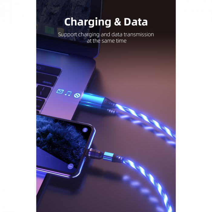 Cablu de incarcare rapida si transfer de date cu iluminare LED, 5pini, 3A magnetic RiKbo® 3 in 1 Lightning, Type-C , micro-USB rotatie 540 grade, 1 metru Bleu [4]