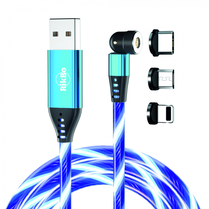 Cablu de incarcare rapida si transfer de date cu iluminare LED, 5pini, 3A magnetic RiKbo® 3 in 1 Lightning, Type-C , micro-USB rotatie 540 grade, 1 metru Bleu [1]