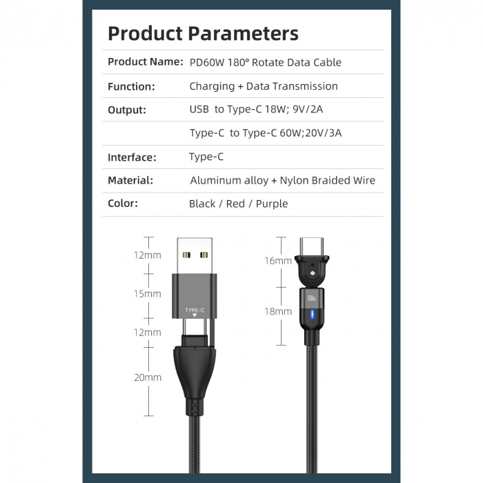 Cablu de incarcare si transfer de date Super Fast Charge 60W, 2 in 1 UsbA - UsbC la Usb typeC rotatie 180 grade, RikBo® compatibil Iphone, Android, Indicator LED, Lungime 2 metri, Negru [5]