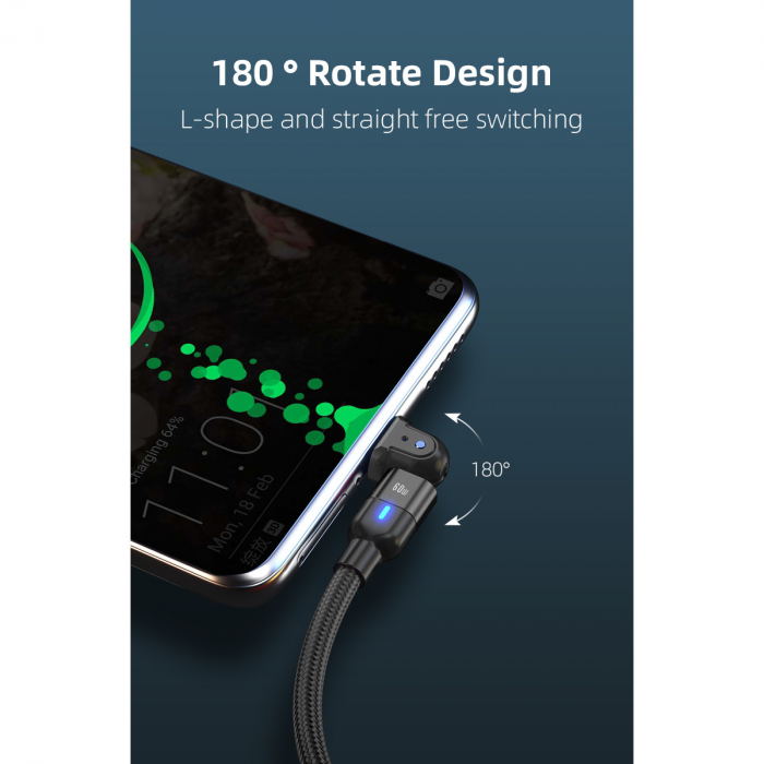 Cablu de incarcare si transfer de date Super Fast Charge 60W, 2 in 1 UsbA - UsbC la Usb typeC rotatie 180 grade, RikBo® compatibil Iphone, Android, Indicator LED, Lungime 2 metri, Negru [7]