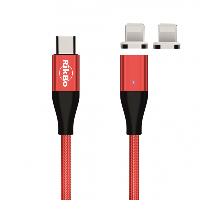 Cablu Fast Charge 2 in 1 UsbC - 2 x Lightning 20W, 14pini, Magnetic, RikBo® compatibil Iphone 12, 11, X, 8, transfer de date,1 metru, Rosu [1]
