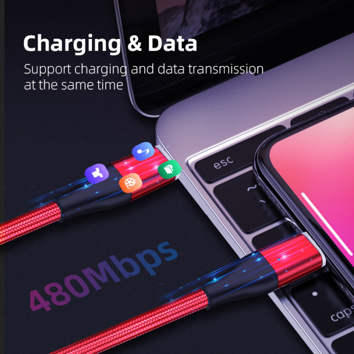 Cablu Fast Charge 2 in 1 UsbC - 2 x Lightning 20W, 14pini, Magnetic, RikBo® compatibil Iphone 12, 11, X, 8, transfer de date,1 metru, Rosu [2]