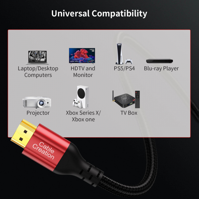 Cablu HDMI 2.1 tata-tata,  Certificat, CableCreation®, 8K@60HZ,  4K/2K@120Hz, HDCP 2.2, eARC, Rosu [5]