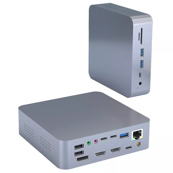 Docking Station USBC 18 porturi 100W, RikBo®, 1 x 1000Mbps Gigabit Ethernet, 2 x 4K HDMI, 1 x DisplayPort, 2 x USB2.0, 3 x USBC 3.0 5Gbps, 3 x USB3.0 5Gbps, 1 x Jack & Mic, 1 x TF card, 1 x SD card, 1 [1]