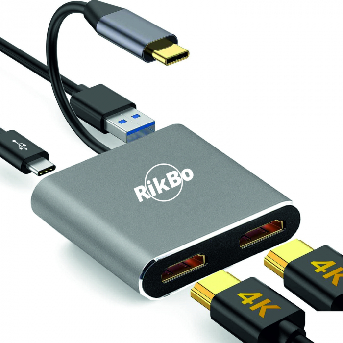 Hub USBC 4 in 1 RikBo® Plug & Play, USBC la 2 x 4K HDMI, 1 x USB-C - Power Delivery, 1x USB 3.0 [1]