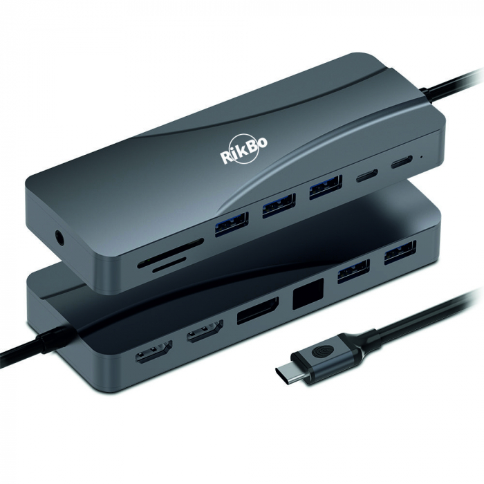 Hub USBC 14 in 1 TypeC RikBo®, 1x 10/100 Mbps RJ45, 2x 4k HDMI, 1x Dysplay Port, 3x USB3.0 , 2xUSB2.0, 1x TypeC Data Port, 1x TypeC PD Port, 1 x AUX Port, 2x SD/TF  [4]