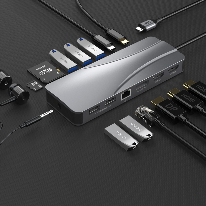 Hub USBC 14 in 1 TypeC RikBo®, 1x 10/100 Mbps RJ45, 2x 4k HDMI, 1x Dysplay Port, 3x USB3.0 , 2xUSB2.0, 1x TypeC Data Port, 1x TypeC PD Port, 1 x AUX Port, 2x SD/TF  [6]