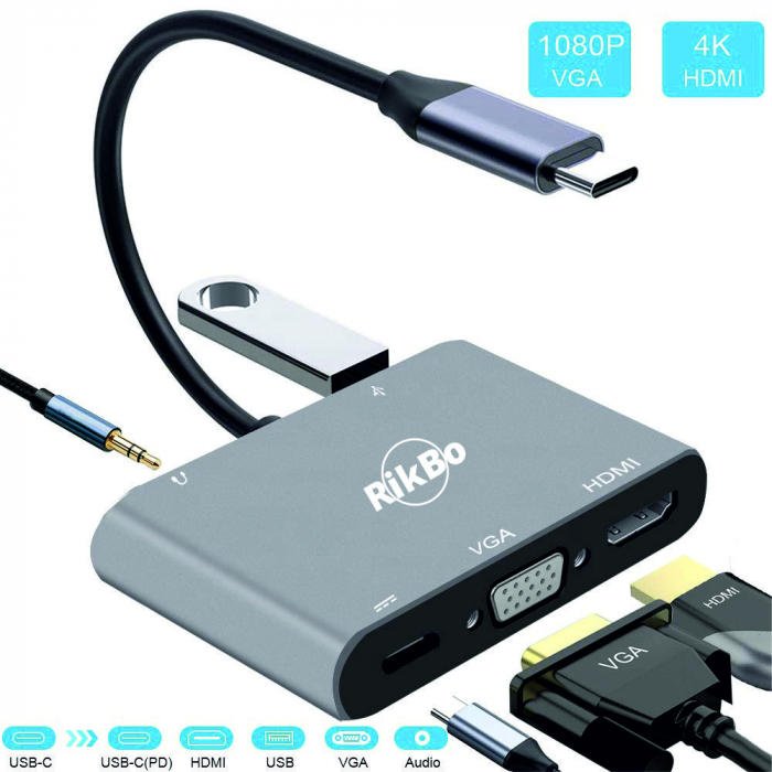Hub USBC 5 in 1 RikBo® USB Type-C la 1 x USB-C - Power Delivery, 1 x USB 3.0, 1 x 4K HDMI, 1 x VGA, 1 x AUX [2]