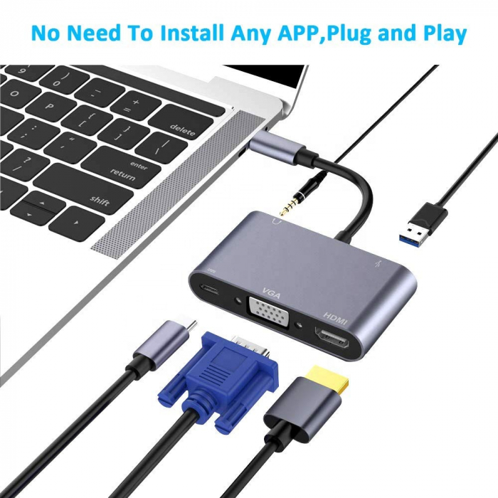 Hub USBC 5 in 1 RikBo® USB Type-C la 1 x USB-C - Power Delivery, 1 x USB 3.0, 1 x 4K HDMI, 1 x VGA, 1 x AUX [5]