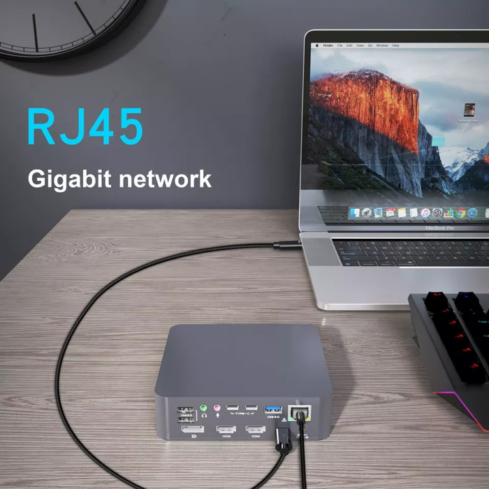 Docking Station USBC 18 porturi 100W, RikBo®, 1 x 1000Mbps Gigabit Ethernet, 2 x 4K HDMI, 1 x DisplayPort, 2 x USB2.0, 3 x USBC 3.0 5Gbps, 3 x USB3.0 5Gbps, 1 x Jack & Mic, 1 x TF card, 1 x SD card, 1 [3]