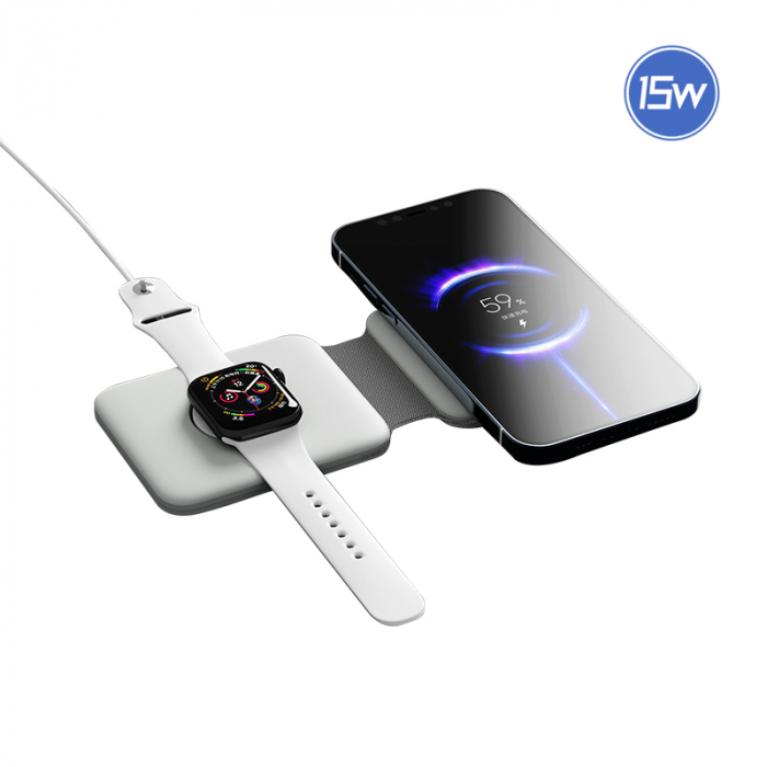 Incarcator Wireless Magsafe 3 in 1, Magsafe Duo, FastCharge 15W, Statie de incarcare Magsafe Duo, marca Rikbo, compatibil cu Iphone, Airpods Pro, Apple Watch, Samsung, Huawei, Xiaomi, Oppo, Alb [5]