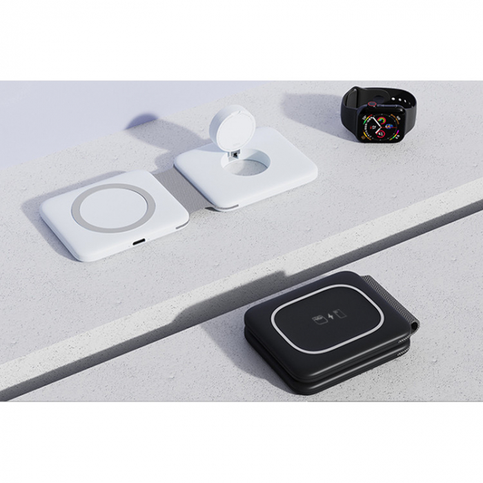 Incarcator Wireless Magsafe 3 in 1, Magsafe Duo, FastCharge 15W, Statie de incarcare Magsafe Duo, marca Rikbo, compatibil cu Iphone, Airpods Pro, Apple Watch, Samsung, Huawei, Xiaomi, Oppo, Alb [4]