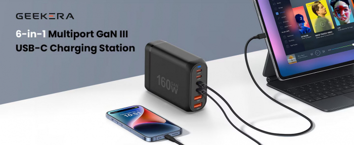 Statie de incarcare 160W GaN3, 6 Porturi QC2.0, QC3.0, PD, PD 3.0 Incarcare rapida USB Type-C pentru Smartphone, MacBook Pro, Laptop, iPad, Samsung Galaxy, iPhone, RiKbo® [2]