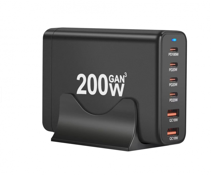 Statie de incarcare 200W GaN 6 Porturi QC2.0, QC3.0, PD, PD 3.0 Incarcare rapida USB Type-C pentru Smartphone, MacBook Pro, Laptop, iPad, Samsung Galaxy, iPhone, RiKbo® [4]