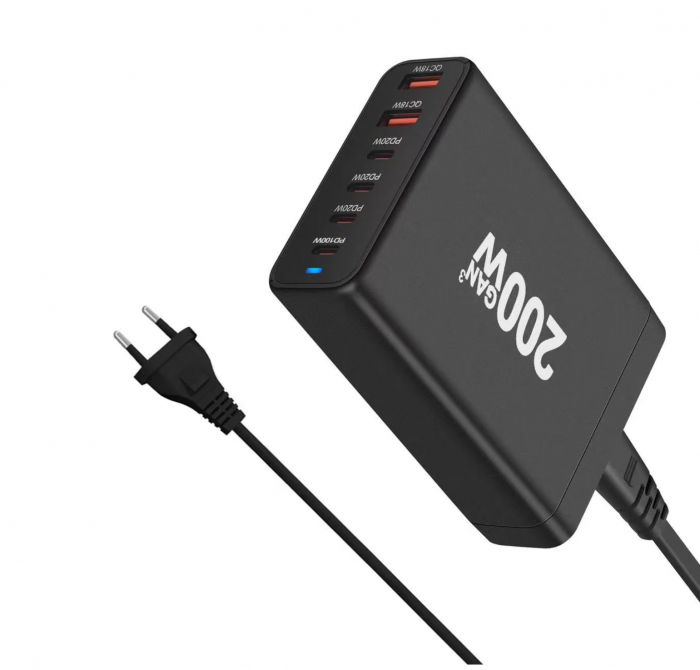 Statie de incarcare 200W GaN 6 Porturi QC2.0, QC3.0, PD, PD 3.0 Incarcare rapida USB Type-C pentru Smartphone, MacBook Pro, Laptop, iPad, Samsung Galaxy, iPhone, RiKbo® [5]