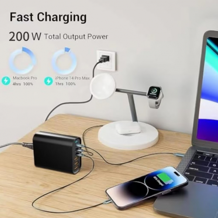 Statie de incarcare 200W GaN3 6 Porturi, 4x USBC, 2 x USBA PD 3.0, QC3.0, QC2.0, PD, Incarcare rapida USB Type-C pentru Smartphone, MacBook Pro, Laptop, iPad, Samsung Galaxy, iPhone, RiKbo® [4]