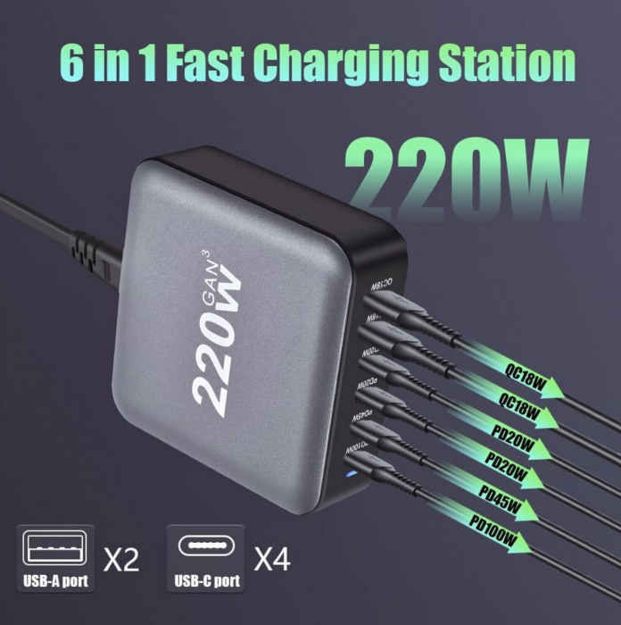 Statie de incarcare 220W GaN3 6 Porturi PD 3.0, QC3.0, QC2.0, PD, Incarcare rapida USB Type-C pentru Smartphone, Laptop, Samsung Galaxy, RiKbo® [2]