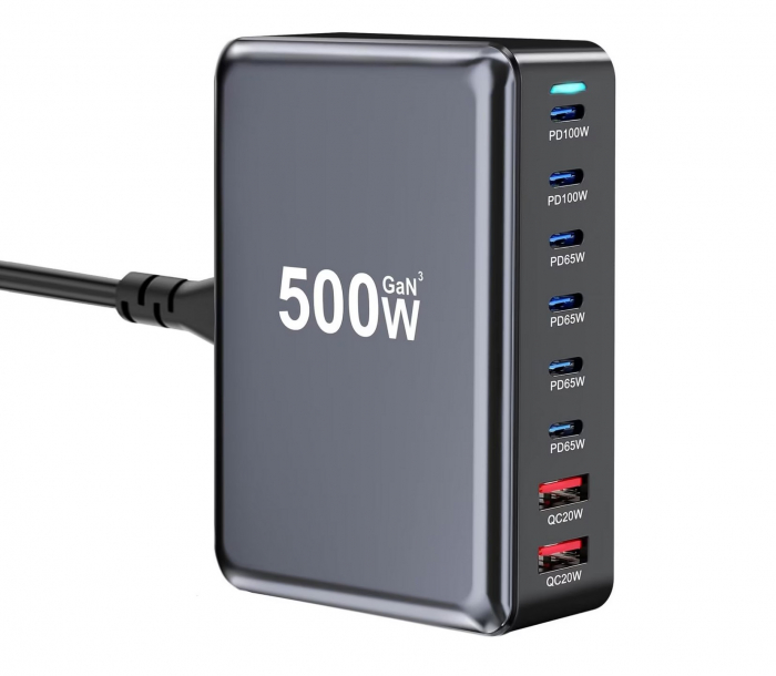 Statie de incarcare 500W GaN3 8 Porturi 2x 100W USB-C PD 3.0, 4 X 65W USB-C PD 3.0, 2 x 20W USB QC3.0, Incarcare rapida USB Type-C pentru Smartphone, Laptop, Samsung Galaxy, Apple Universal RiKbo® [1]