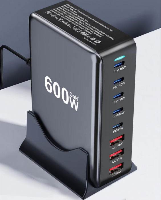 Statie de incarcare 600W GaN3 8 in 1, Fast Charging, USB-C & USB-A, PD 140W, QC 30W, QC3.0, PD Incarcare rapida USB Type-C pentru Smartphone, Laptop, Samsung Galaxy, Apple Universal RiKbo® [8]