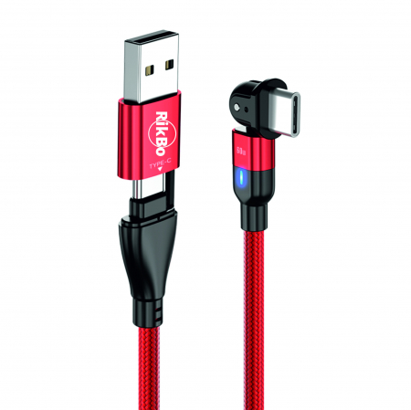 Cabluri de date telefoane - Cablu de incarcare si transfer de date Super Fast Charge 60W, 2 in 1 UsbA - UsbC la Usb typeC rotatie 180 grade, RikBo® compatibil Macbook, Android, Indicator LED, Lungime 2 metri, Rosu